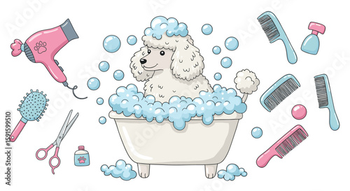 Adorable poodle bath time with grooming accessories in playful cartoon style