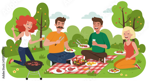 Friends enjoying picnic in park with barbecue and laughter