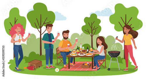 Animated summer picnic with friends enjoying bbq and refreshments in a park setting