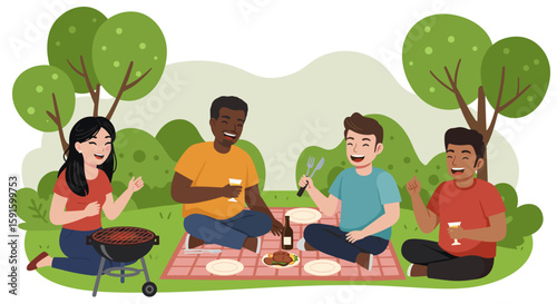 Diverse group enjoying barbecue picnic in park setting with smiles and laughter
