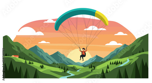 Colorful mountain paragliding at sunset in scenic landscape