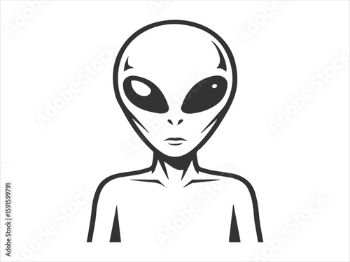 Stylized illustration of a classic grey alien head and shoulders against a white background