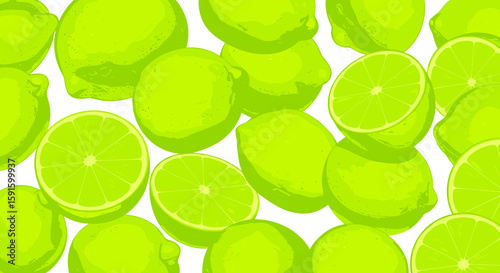 Vibrant pattern of whole and sliced limes on white background