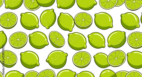 Bright seamless pattern of fresh whole and sliced limes on white background