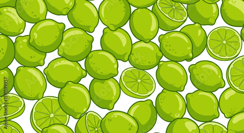 Fresh citrus pattern with whole and sliced limes in vibrant green colors