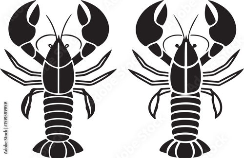 Two black and white lobster illustrations side by side showing seafood designs
