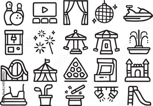 Black and white line art icons of amusement park attractions