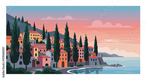 Coastal sunset townscape with cypress trees and colorful villas by the sea