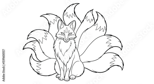 Kitsune with Nine Tails Sitting Coloring Page for Adults Japanese Folklore Mythical Fox
