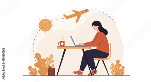 Remote work adventure: woman working on laptop, dreaming of travel in minimalist style