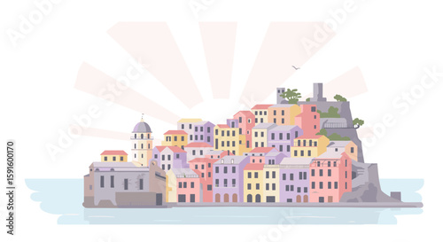 Picturesque coastal town with colorful buildings and sunburst