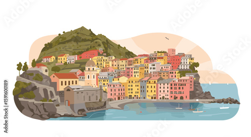 Charming coastal village with colorful houses and serene seascape