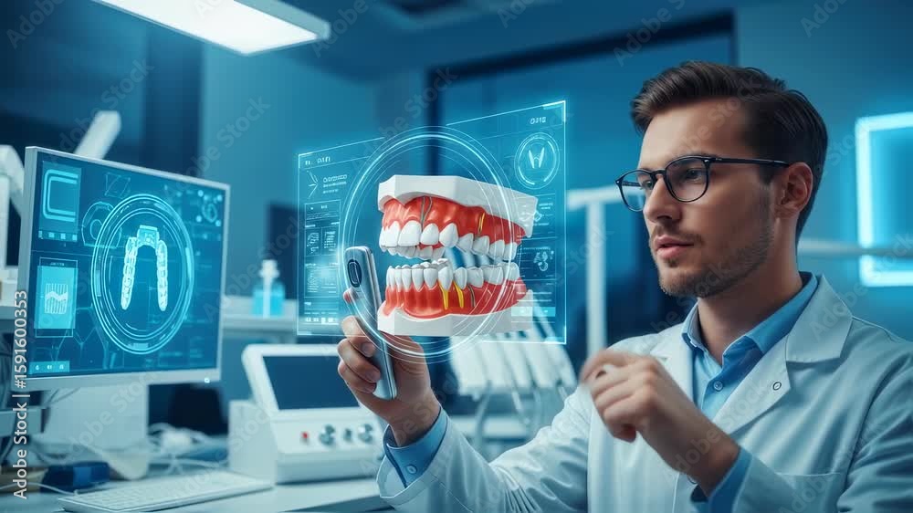 Male dentist using advanced augmented reality technology with a digital jaw model for future dental treatment and education footage.