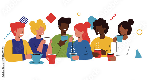 Diverse group enjoying coffee together in colorful modern style
