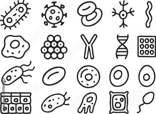 Black and white line art icons of biological cells and viruses