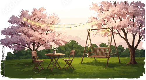 Tranquil spring garden with cherry blossoms and wooden furniture at sunset