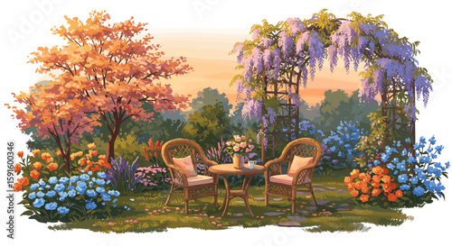 Tranquil garden scene with wicker chairs and colorful flowers at sunset