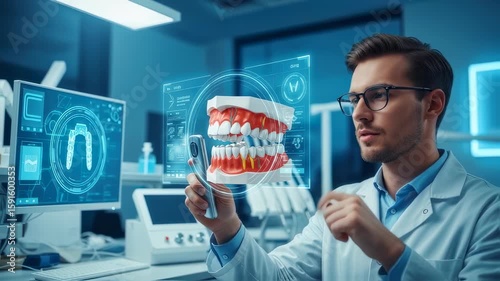 Male dentist using advanced augmented reality technology with a digital jaw model for future dental treatment and education footage.