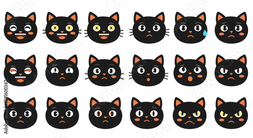 Cute black cat faces with various expressions and emotions