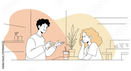 Conversational moment in modern cafe