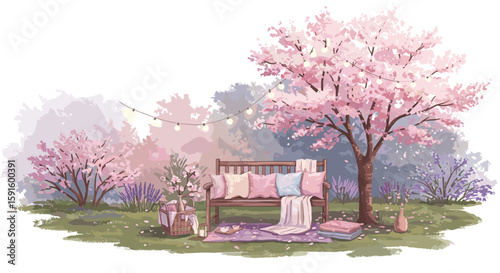 Serene spring garden with cherry blossoms and cozy picnic