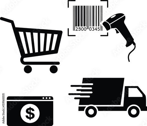 Vector art of ecommerce icons showing online shopping and delivery
