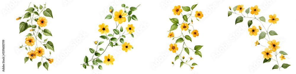Fototapeta premium Watercolor Yellow Flower Vines and Leaves Isolated on White