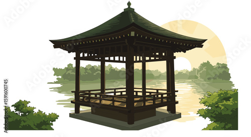 Serene sunrise over traditional japanese gazebo by a tranquil lake