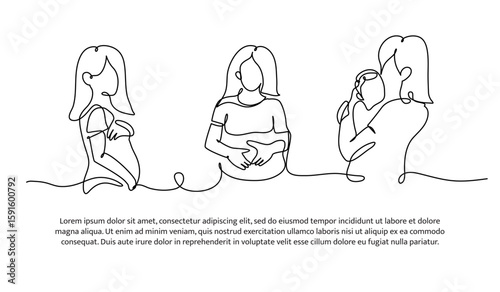 Continuous line design of mother's concern for baby. Single line decorative element drawn on white.