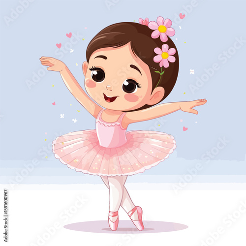 Charming cartoon illustration features a young ballerina in a pink tutu, gracefully extending her arms in a ballet pose, with flowers adorning her hair and soft pastel background, conveying innocence