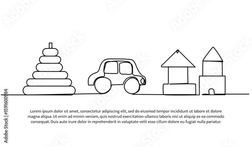 Continuous line design of baby toys. Single line decorative element drawn on white.