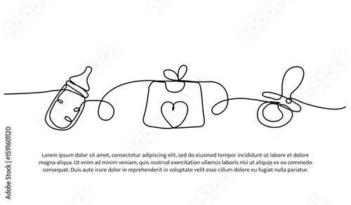 Continuous line design of baby pacifier and bib. Single line decorative element drawn on white.