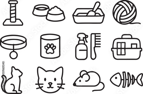 Cat care icons including scratching post food bowls litter box and toys