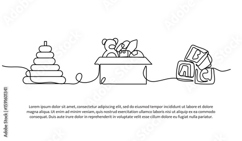 Continuous line design of toys baby. Single line decorative element drawn on white.