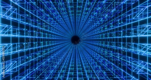 Futuristic glowing neon rotate wireframe cube background. Shining geometric blue lines inside tube in perspective. Bright retro digital cyberspace. 3D rendering.