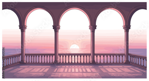 Romantic sunset view from scenic balcony with arches and ocean horizon