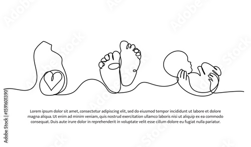Continuous line design of give birth to a baby. Single line decorative element drawn on white.