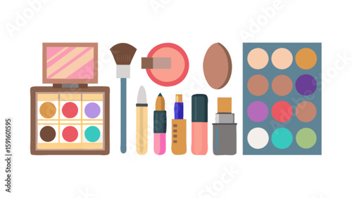 Makeup essentials collection beauty products eyeshadow palettes brushes and cosmetic tools for makeup artists