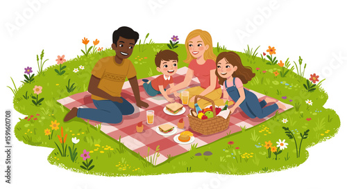 Family enjoying picnic on a sunny day in a floral meadow