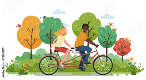 Happy friends riding tandem bike through scenic park in flat style
