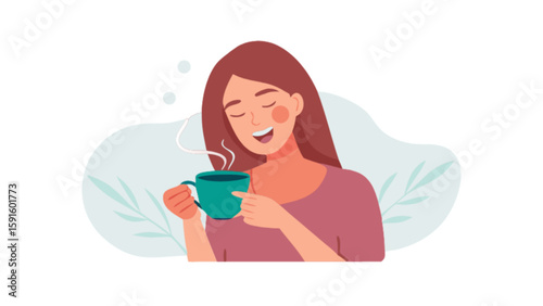 Woman enjoying hot drink coffee tea relaxation cozy moment happy morning beverage lifestyle wellness