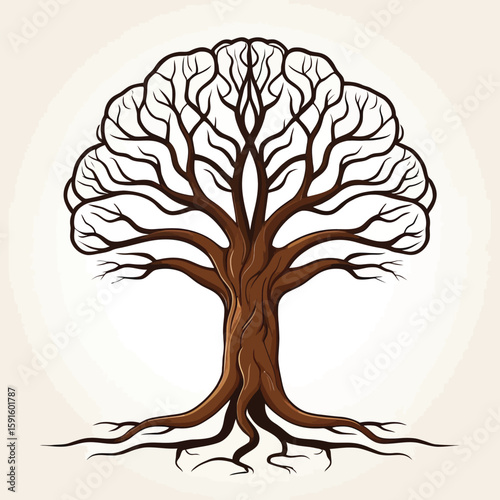 Stylized tree illustration featuring bold lines, detailed roots, and a branching crown, perfect for designs needing a nature-inspired or metaphorical element; great for backgrounds and decorative