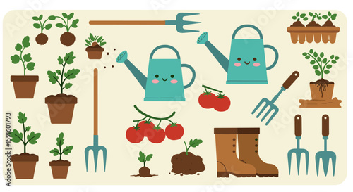 Cute garden tools and vegetables in flat design for farming and gardening