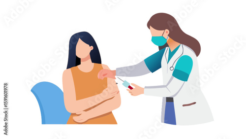 Illustration of vaccine injection by doctor to patient for immunization and healthcare coronavirus prevention