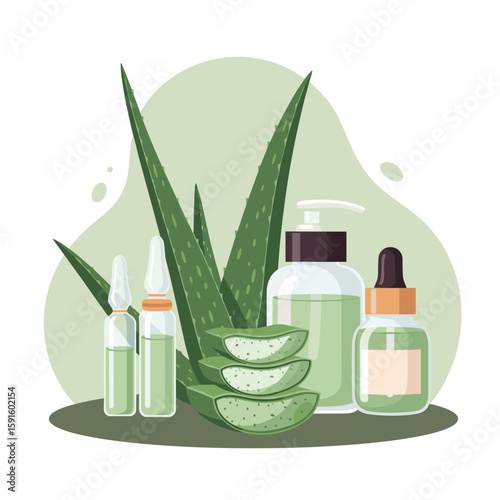 Aloe vera skincare products including bottles, vials, and leaf segments on a soft green background