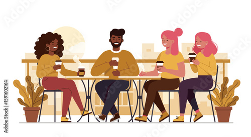 Diverse group enjoying coffee at cafe terrace
