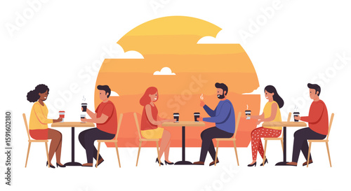 People enjoying coffee at outdoor cafe with sunset background