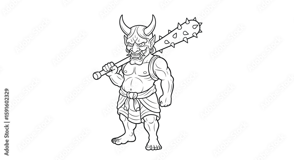 Fototapeta premium Fearsome Oni Japanese Demon Standing Adult Coloring Page Folklore Monster Artistry