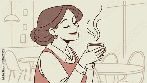 Woman enjoying hot coffee in cafe illustration coffee break relaxation moment coffee shop scene vector art