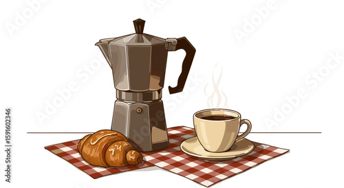 Retro coffee break: moka pot with croissant and cup on checkered cloth